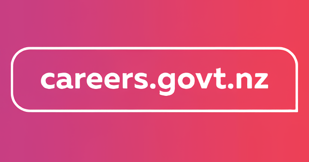 Logo of careers.govt.nz, featuring white text on a gradient pink and red background enclosed in a rounded rectangular outline.