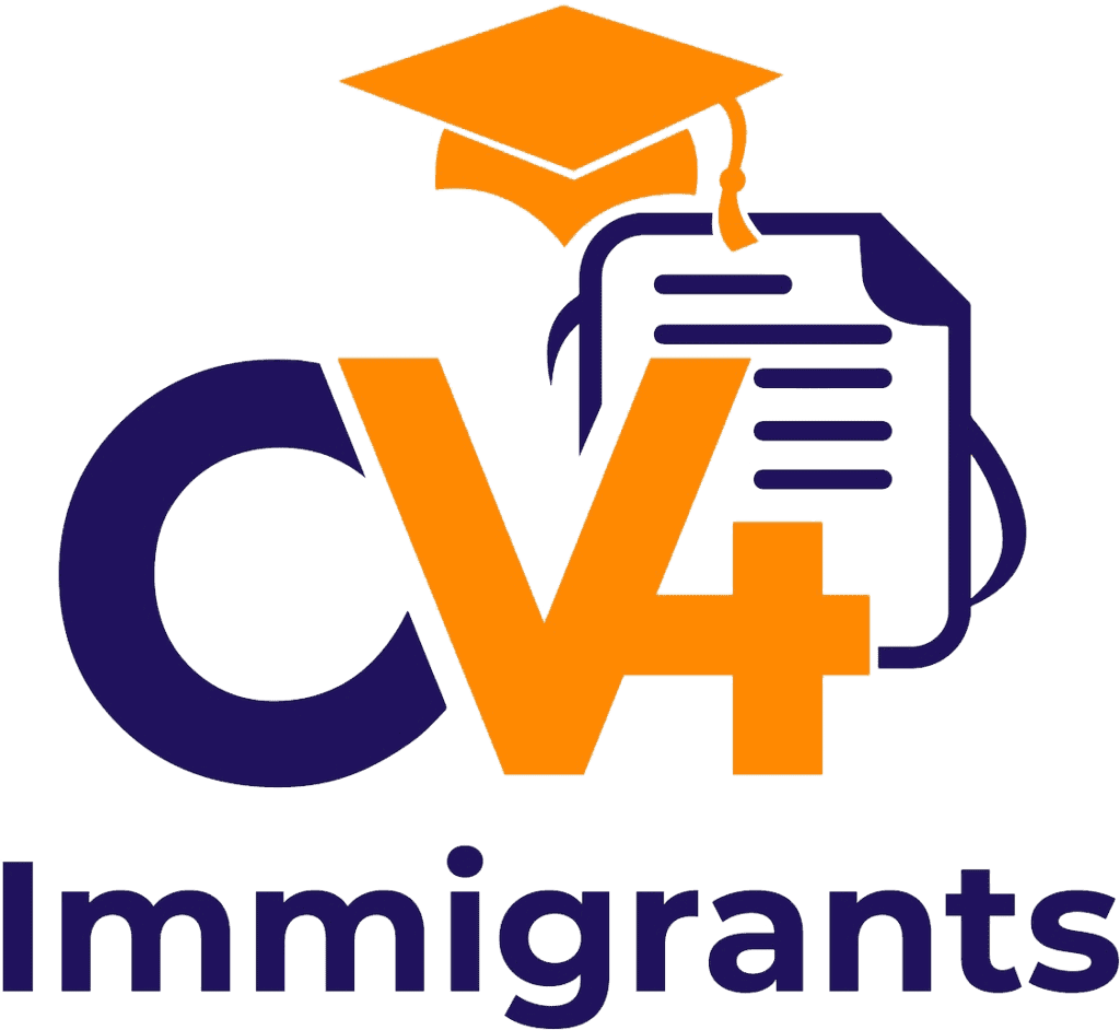 CV4Immigrants logo featuring a graduation cap, document, and the text 'CV4Immigrants' in bold, symbolizing career and education support for immigrants.