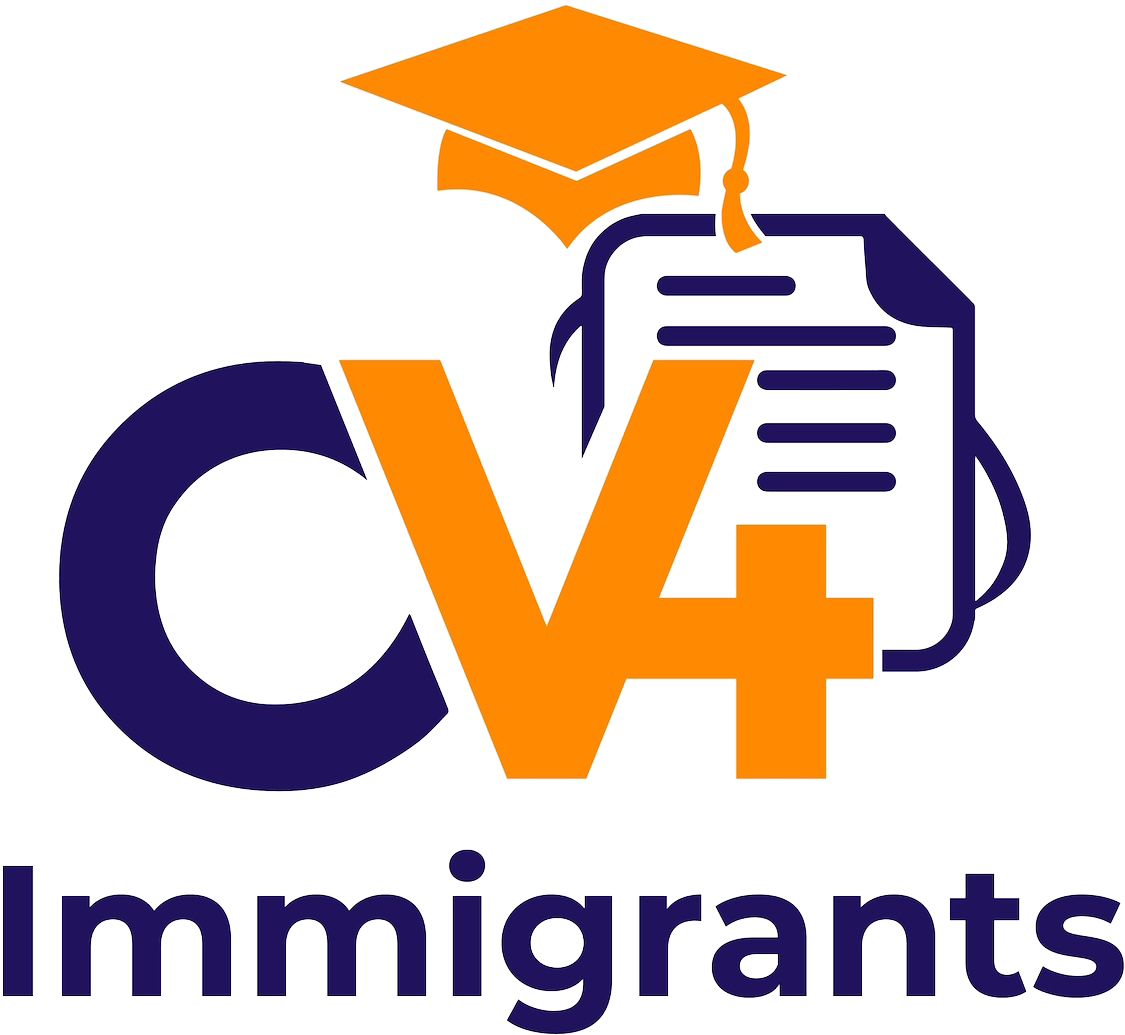 CV4Immigrants logo featuring a graduation cap, document, and the text 'CV4Immigrants' in bold, symbolizing career and education support for immigrants.