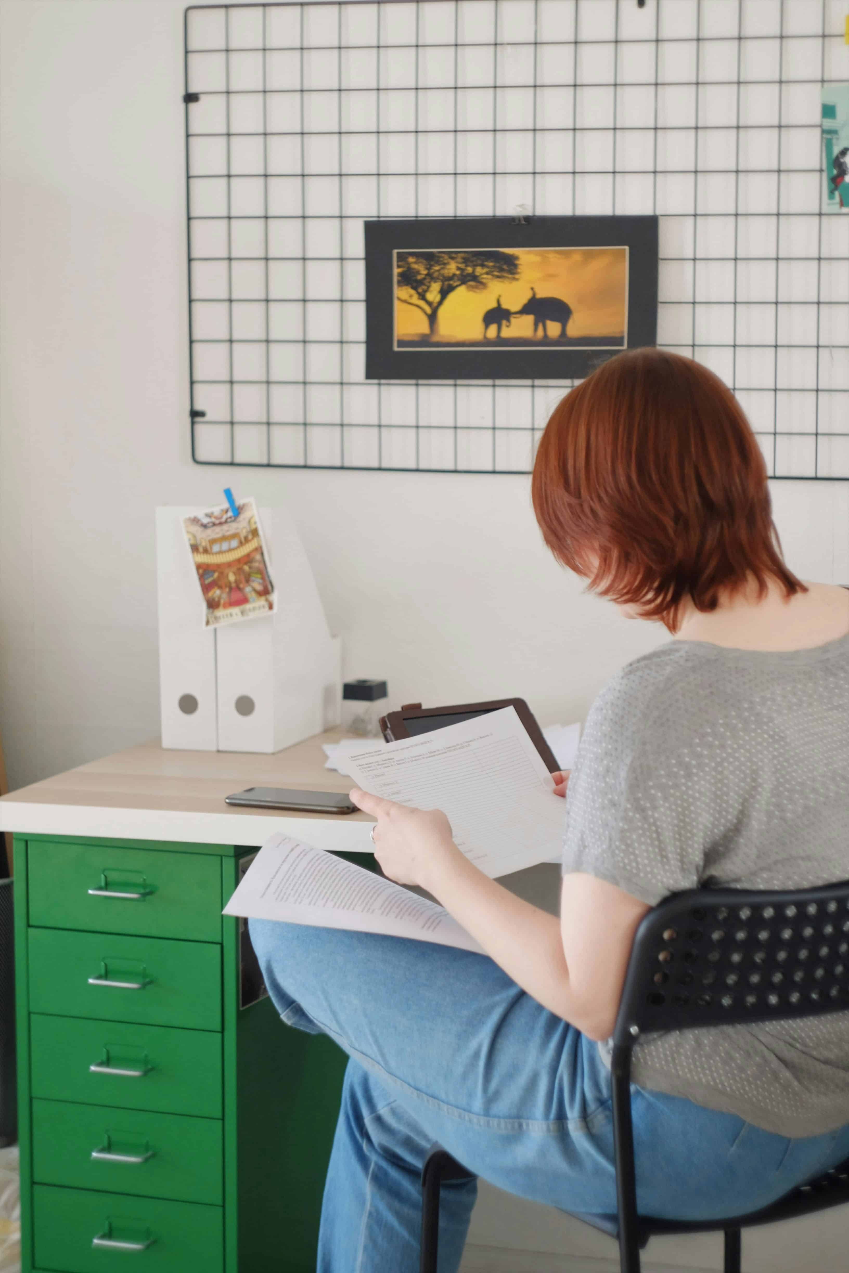 Young person with red hair sitting at a desk, reviewing documents and using a tablet during a job search process. Job Search Support for Immigrants