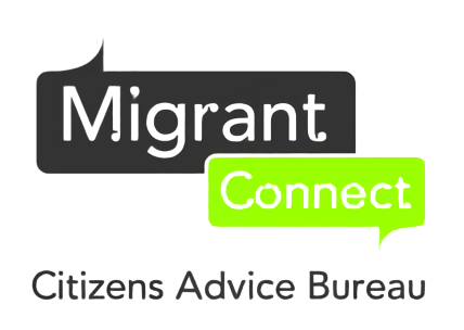 Logo of Migrant Connect by Citizens Advice Bureau, featuring the words 'Migrant' in a black speech bubble and 'Connect' in a green speech bubble.