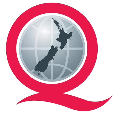 Logo featuring a globe with New Zealand highlighted, encircled by a bold red 'Q' shape.