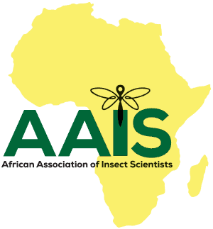 Logo of the African Association of Insect Scientists (AAIS) featuring the African continent in yellow, with a dragonfly above the text "AAIS".