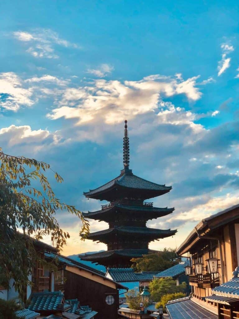 Traditional pagoda in Kyoto, Japan, with a scenic sunset view, representing cultural exploration and student experiences in Asia.