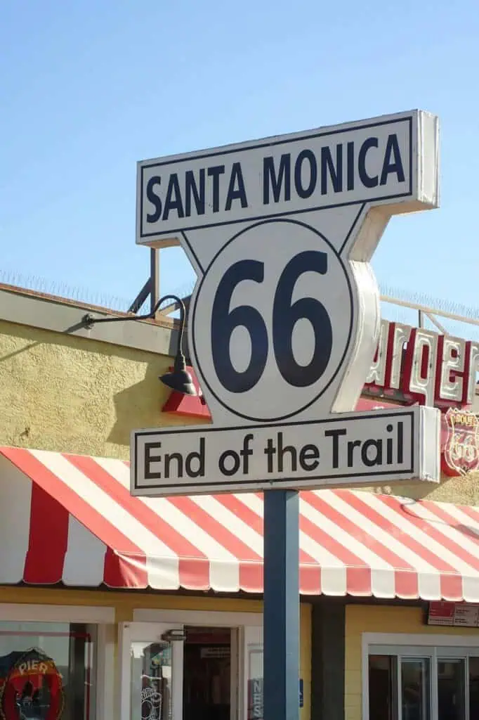 Historic Route 66 End of the Trail sign in Santa Monica, symbolizing the journey's end and new beginnings—perfect for students and immigrants navigating career transitions.