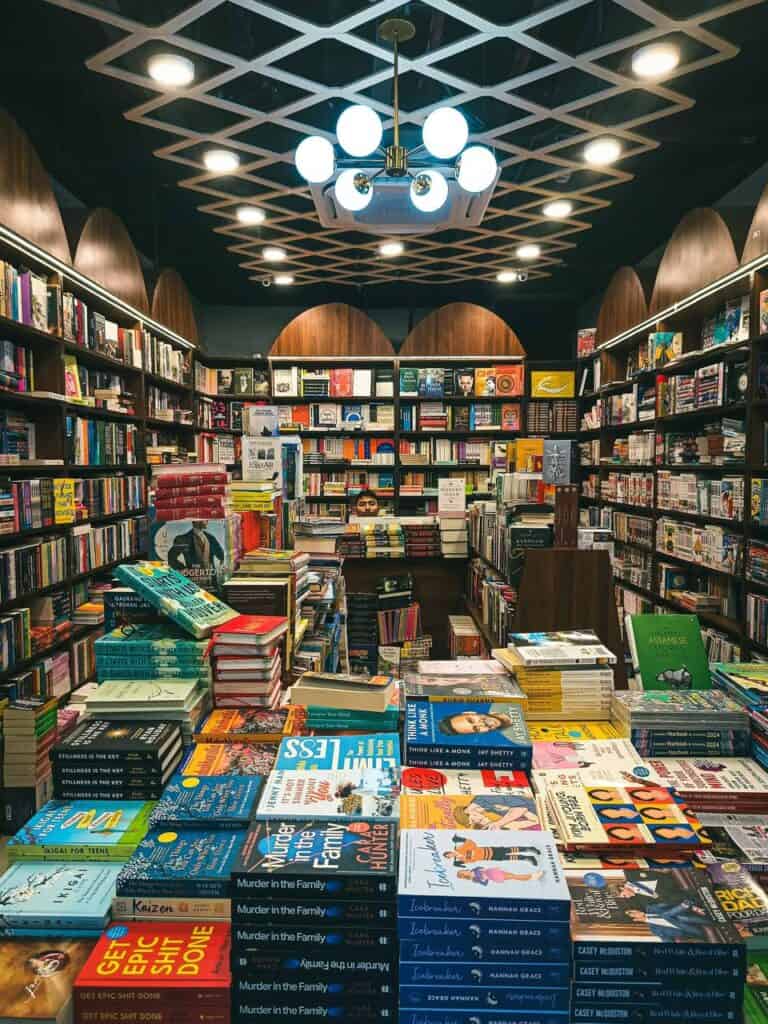 Interior of a well-organized bookstore or school supply shop, filled with colorful books and educational materials.