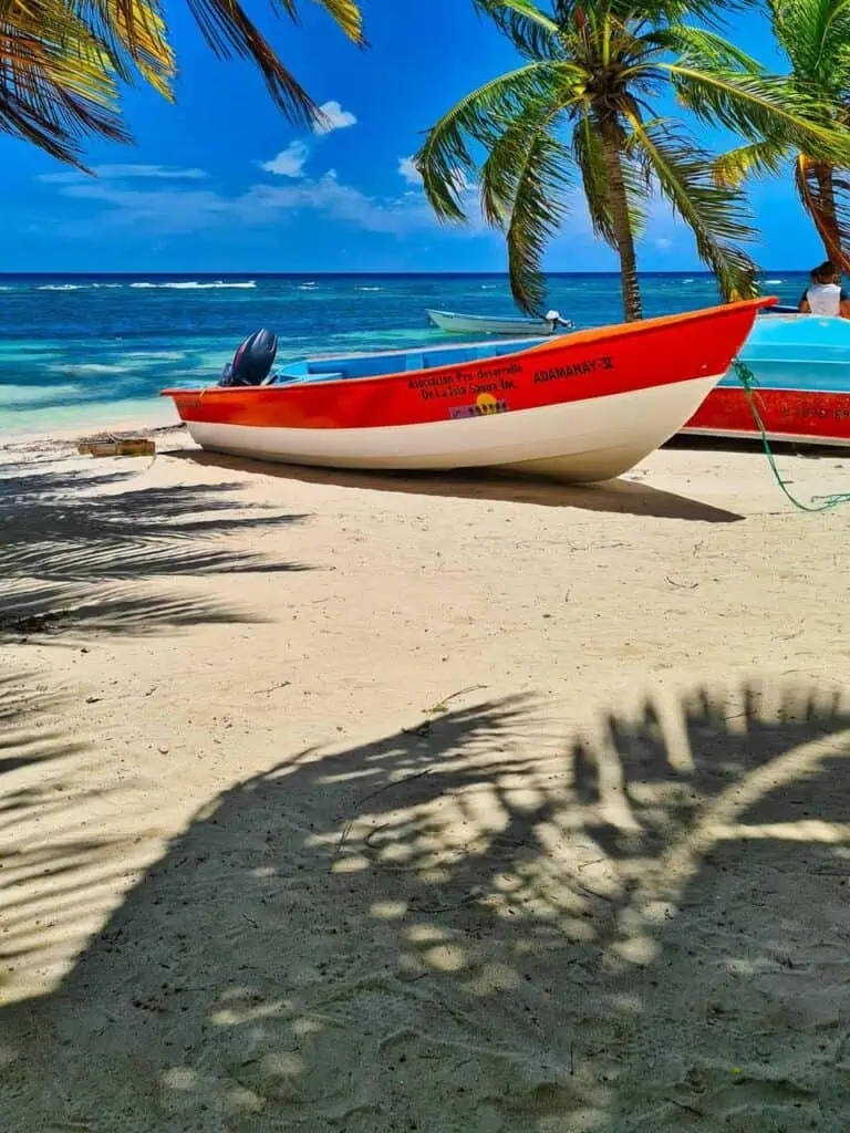 A boat on a sandy beach in the Dominican Republic, surrounded by palm trees and turquoise waters.