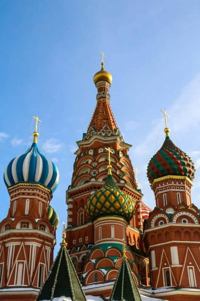 St. Basil’s Cathedral in Moscow, Russia, with its colorful domes and historic architecture, representing Russian culture and heritage.