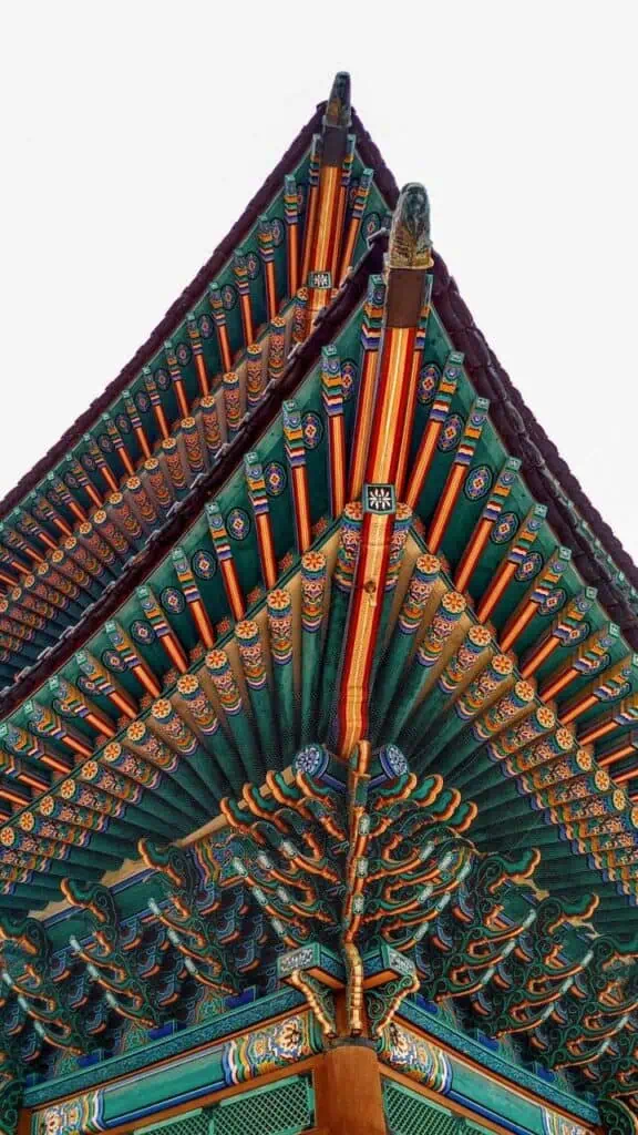 A traditional Korean temple roof with intricate patterns, representing South Korea’s rich cultural and architectural heritage