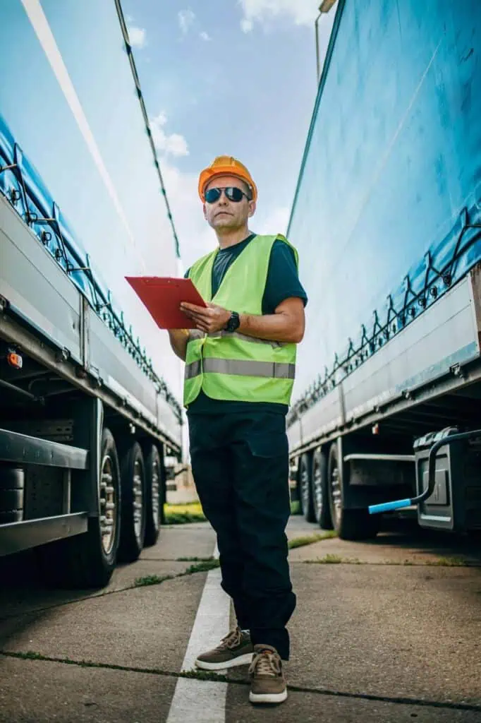 Truck loader and unloader checking freight between transport trailers with clipboard