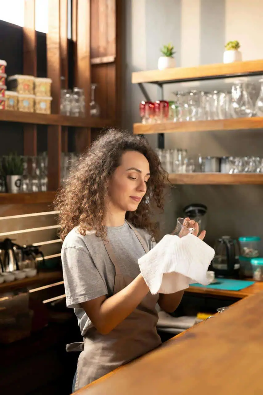 Female bartender polishing a glass behind a well-stocked bar, showcasing hospitality and service skills ideal for entry-level jobs.