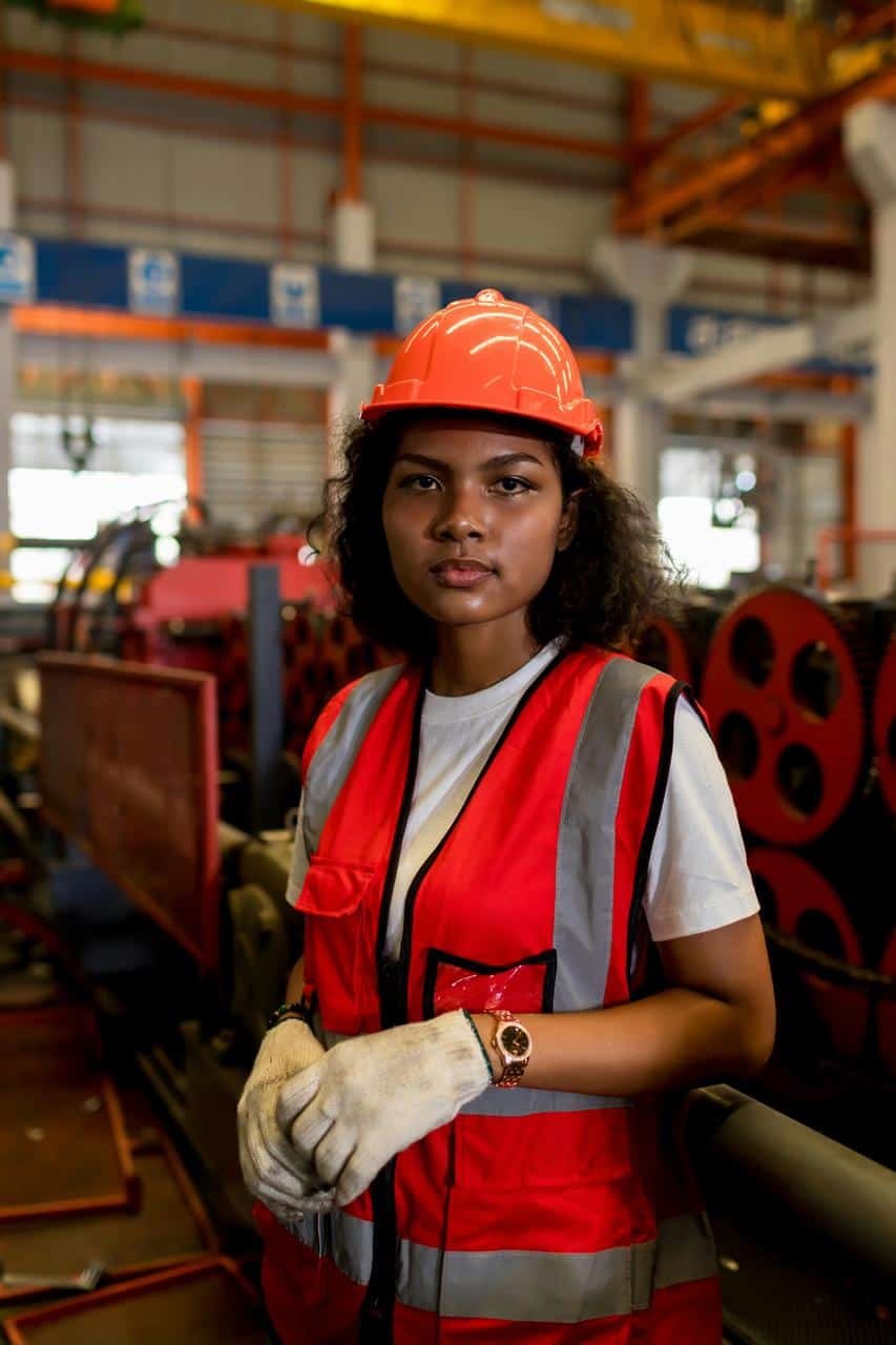 Female assembly line worker wearing safety equipment in manufacturing facility