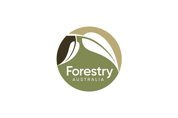 forestry australia logo with eucalyptus leaf design in green and brown circle